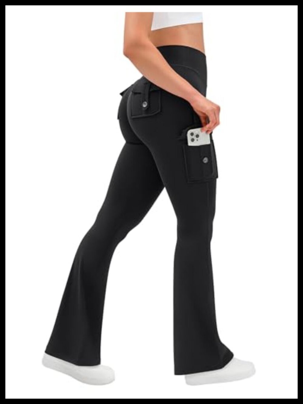 Flare Yoga Pants with 4 Cargo Pockets High Waist Butt Lifting Polyester Spandex